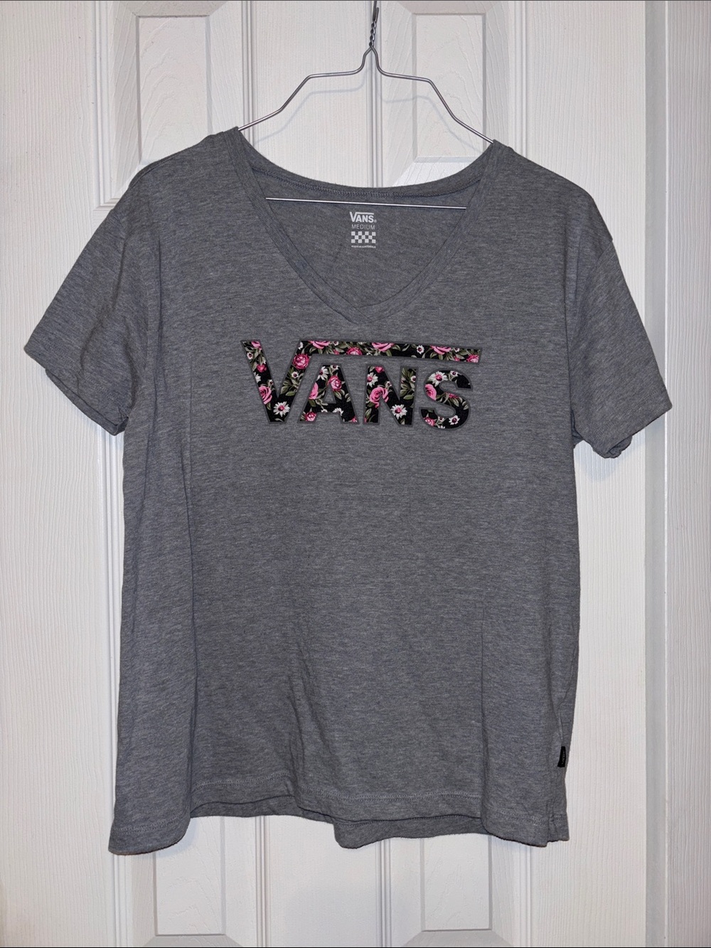 Vans Gray V-Neck Tee with Pink Floral Logo